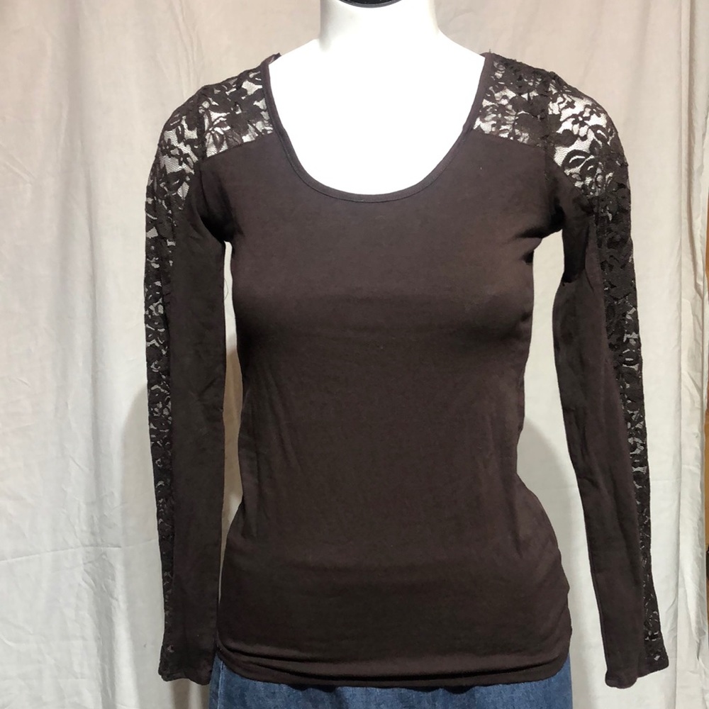 Brown lace inset cotton T-shirt long sleeve
